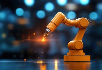 Robotic arm with glowing tool on blurred background