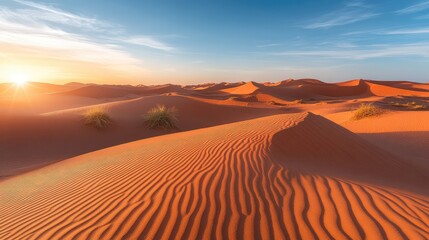 A desert landscape where the sand dunes are made of glowing glass, reflecting the soft light of the setting sun.