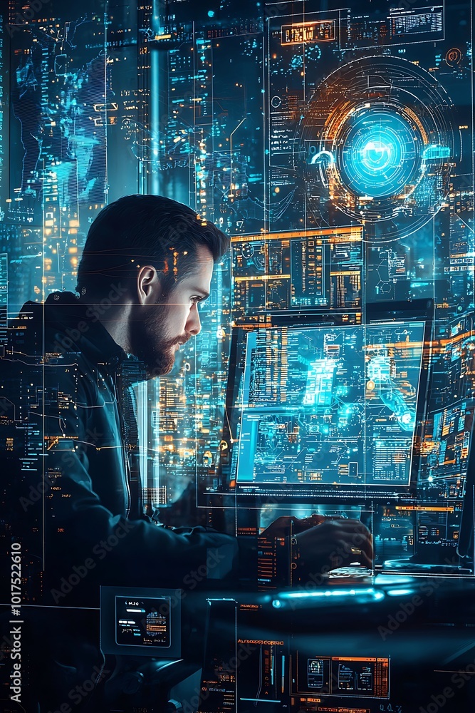Poster glowing orange and blue numbers against a dark backdrop visualize digital data flowing in cyberspace