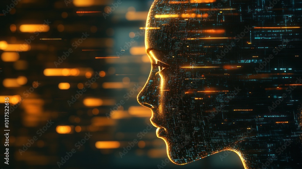 Poster a futuristic digital face with glowing data streams, representing artificial intelligence.