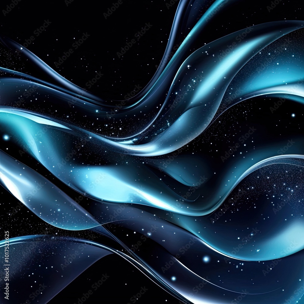 Poster a mesmerizing abstract wave design in blue and black, evoking depth and motion with shimmering light