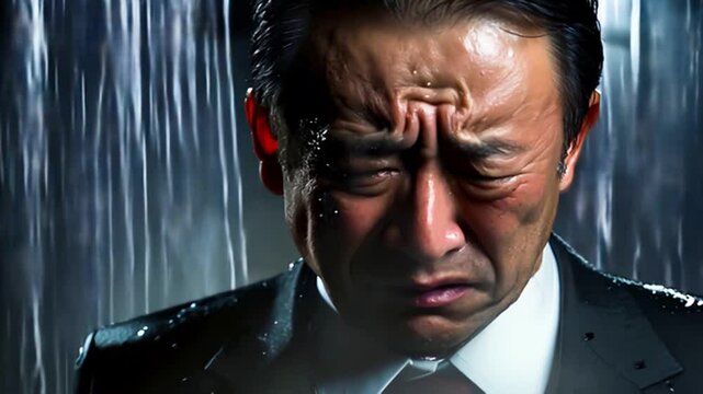 夜の雨の中悲しそうな表情で俯くのスーツ姿のアジア人の中年男性

