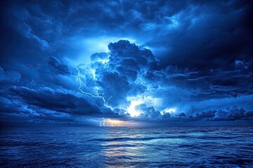 Dramatic storm clouds loom over a tranquil ocean, illuminated by lightning, creating a stunning contrast of blue and black.