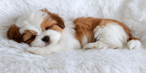 Sleeping Puppy on a Fluffy White Blanket, Cozy and Adorable