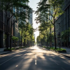 Fototapeta premium Empty city street with tall buildings and trees.