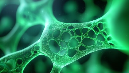 Abstract green cell structure with intricate patterns, showcasing microscopic details in biology and cellular science.