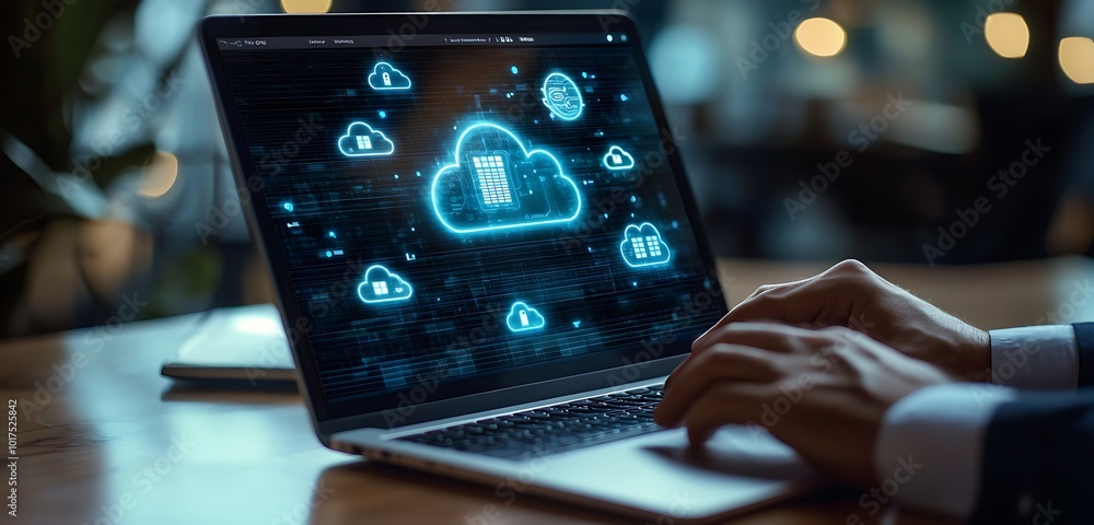 Aufkleber cloud computing icons float on a laptop screen, used by an executive for data management.