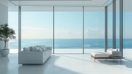 Fototapeta premium Minimalist modern home interior with floor-to-ceiling glass windows overlooking the ocean, minimalist furniture, a white and grey color scheme, a light blue sky.