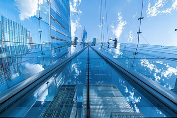 Fototapeta premium Modern skyscrapers reflecting clouds and sky, architectural marvel in urban setting, upward perspective on a sunny day.