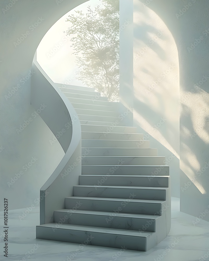 Poster A modern staircase with a curved design, bathed in soft sunlight streaming through an arched window, creating a peaceful and minimalist atmosphere.
