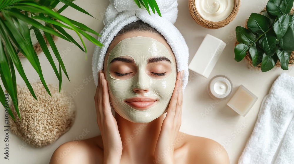 Wall mural woman applying facial mask