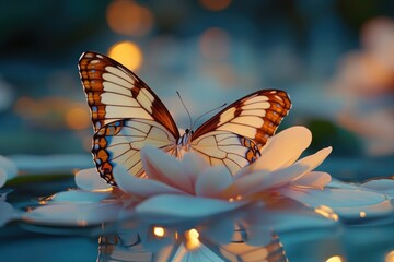 A delicate butterfly resting on a blooming flower, conveying transformation, new beginnings, and best wishes.