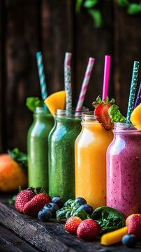 A row of colorful smoothies in glass jars, each a different flavor like mango, blueberry, spinach, and strawberry