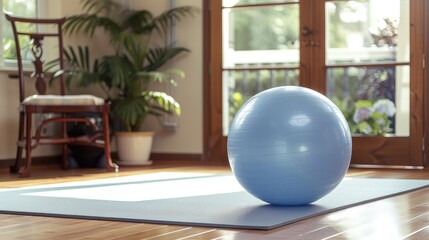 Home workout session using an inflatable exercise ball and a fitness mat.