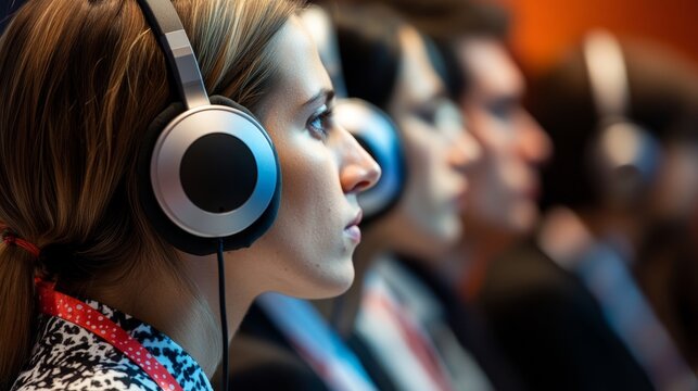 People wearing translation headphones at an international conference listening to translation on headphones close up of people wearing headphones for simultaneous translation during a conference