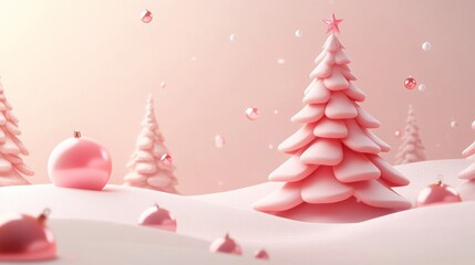 Soft Pink 3D Christmas Scene with Stylized Tree