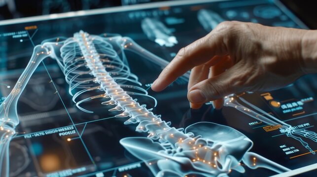 Precision in Practice Hand selecting virtual 3D spine model for orthopedic analysis - Powered by Adobe