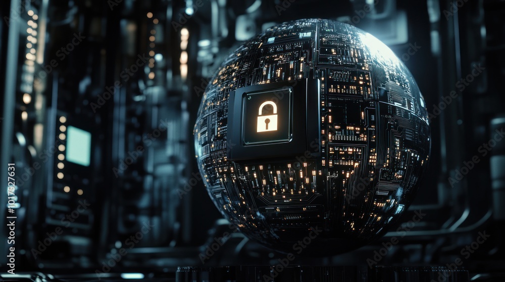 Poster a futuristic sphere with a lock symbol, representing cybersecurity and data protection.