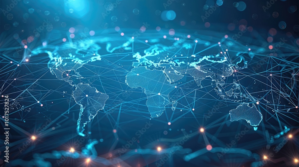 Poster A light blue background with a digital world map and global network connections, representing the concept of international business or connectivity.