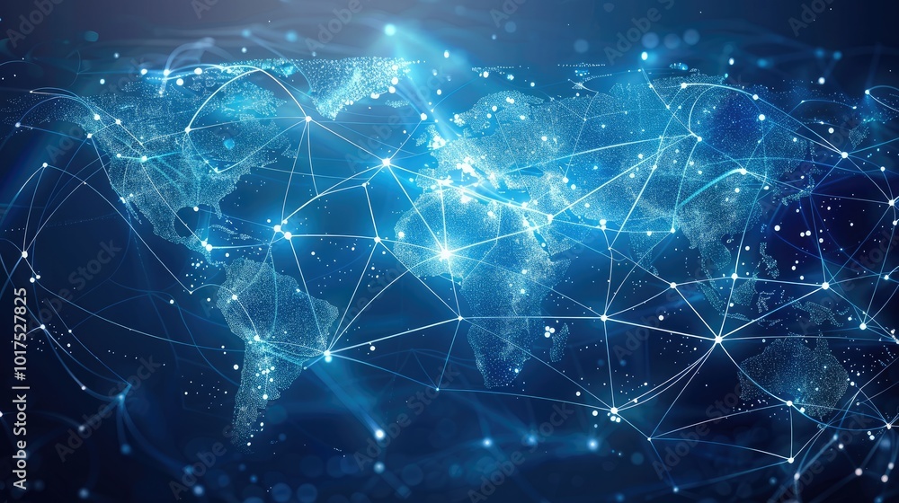 Poster A light blue background with a digital world map and global network connections, representing the concept of international business or connectivity.