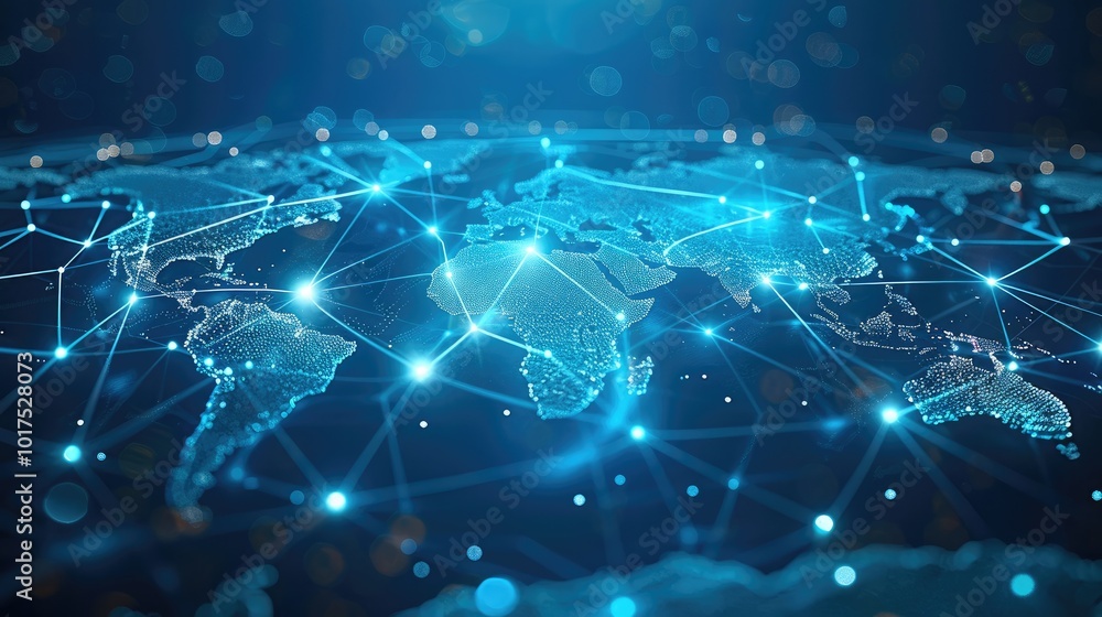 Poster a light blue background with a digital world map and global network connections, representing the co