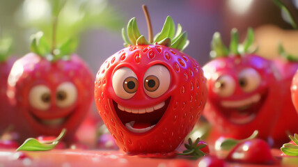 Happy Animated Strawberries with Big Smiles in a Fun and Colorful Scene,A vibrant and joyful scene featuring animated strawberries with large expressive eyes and big smiles
