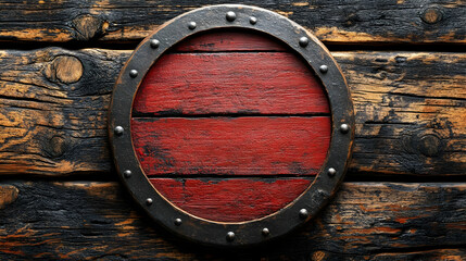 Red Wooden Shield on Rustic Wood Background.