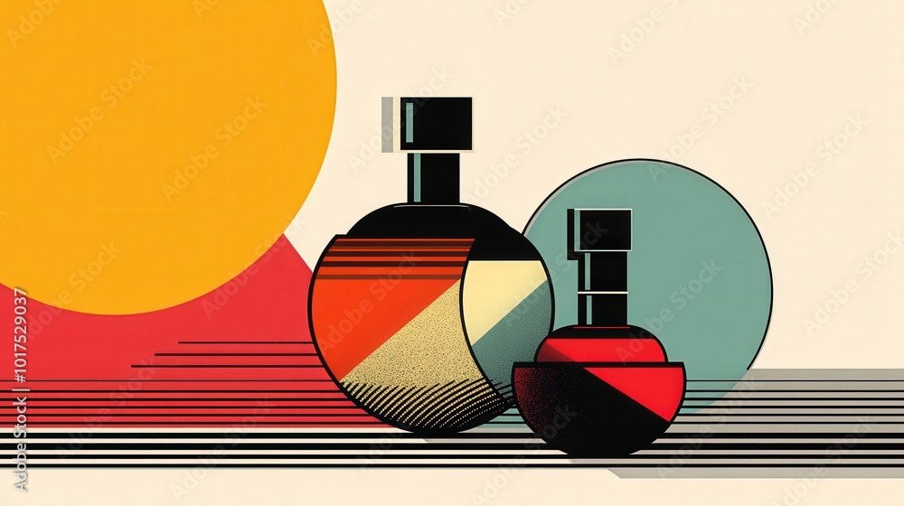 Poster retro minimalistic perfume bottles on colorful base background - graphic poster style composition