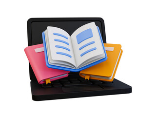 3D illustration of open books placed on a laptop, symbolizing online education, e-learning, and digital academic resources.