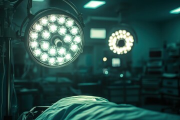 A hospital room equipped with a patient bed and lighting, illustrating a space for medical treatment.