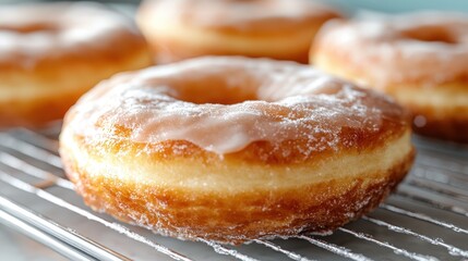 Close up of Glazed Donut with Powdered Sugar on Wire Rack