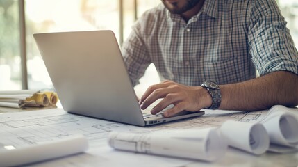 Architect man working with laptop and blueprintsengineer inspection in workplace for architectural plansketching a construction project selective focusBusiness concept vintage color