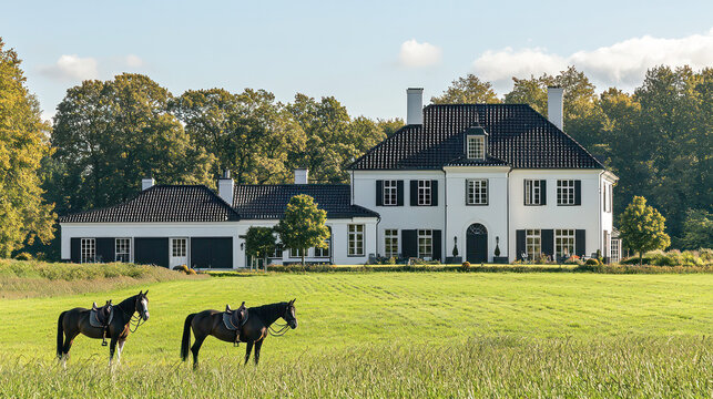 a horses in a green field in the spring with a beautiful old historic building on the background. Generative AI