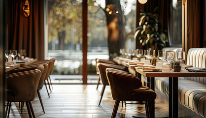 A fine dining-restaurant with simple furnishings and lots of walnut wood. With a mixture of normal and lounge seating and a few different upholstery fabrics. the floor is laid.