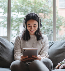 A woman wearing headphones is sitting on a couch, holding a phone with a headphone cord attached to...