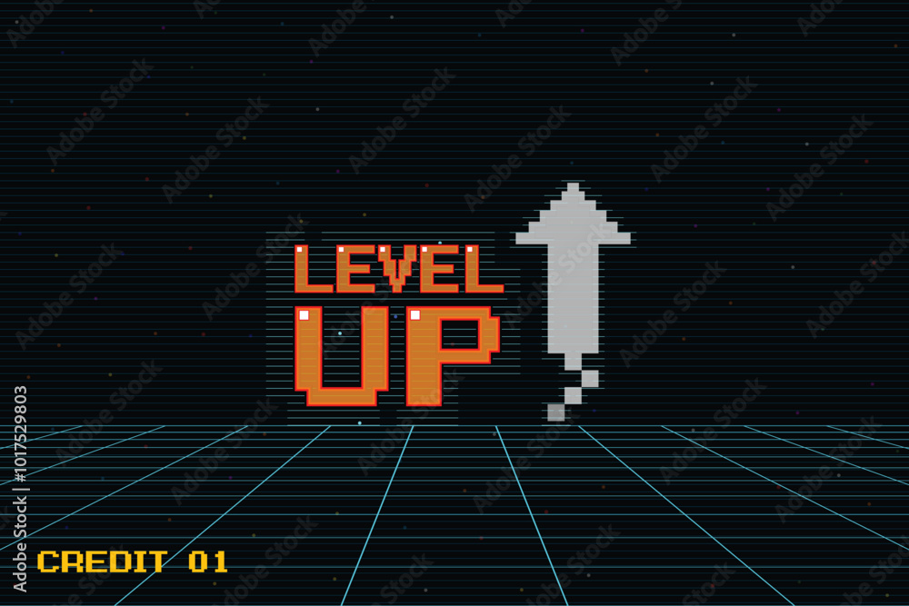 Poster level up symbol. pixel art .8 bit game. retro game. for game assets in vector illustrations.