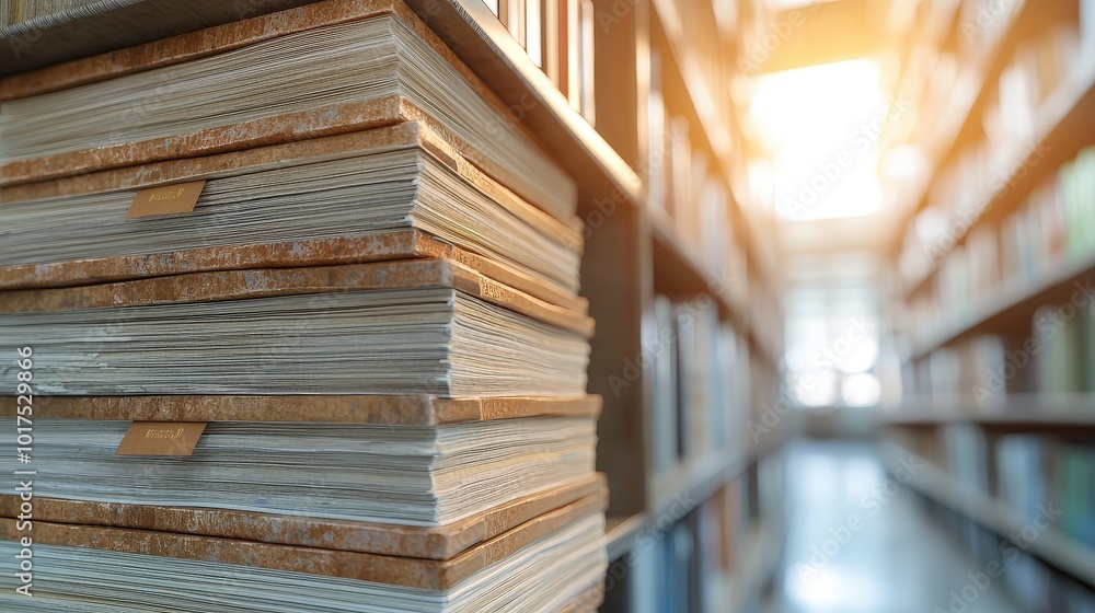 Poster stack of books in a library with blurred bookshelf background