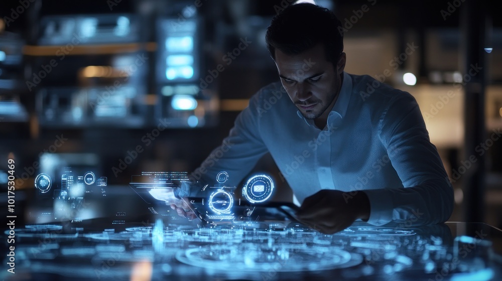 Poster a man interacts with a futuristic holographic interface, analyzing data and information.