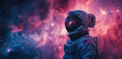 An astronaut's helmet reflecting the stars and galaxies with a vast nebula in the background