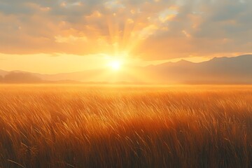 Obraz premium Golden sunrise illuminates a field of tall grass, creating a serene and tranquil atmosphere.