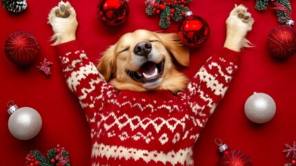 Golden retriever wearing a Christmas sweater surrounded by holiday decorations in a joyful festive scene, featuring high-quality rendering with a warm and cheerful holiday atmosphere