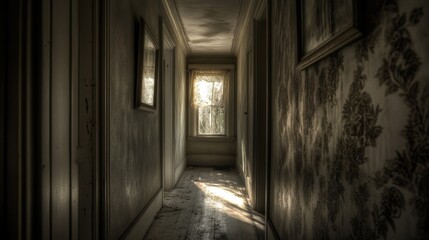 Fototapeta premium A bright window light into a hallway of a very old house