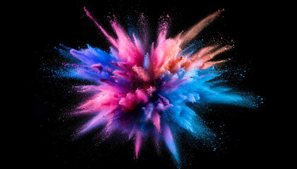 Fototapeta premium Capture the exact moment colored powder bursts around a jumping or spinning subject in motion, creating a vibrant cloud of colors frozen in mid-air.
