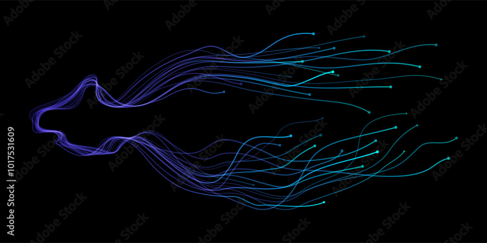 Poster Vector abstract light lines wavy flowing dynamic in blue green colors isolated on black background for concept of AI technology, digital, communication, 5G, science, music