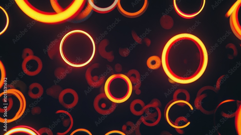 Poster abstract composition of glowing circles on a dark background, creating a vibrant visual effect.