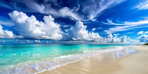 The serene coastline showcases pristine white sand and sparkling turquoise waves, all beneath a clear blue sky, offering a perfect retreat for