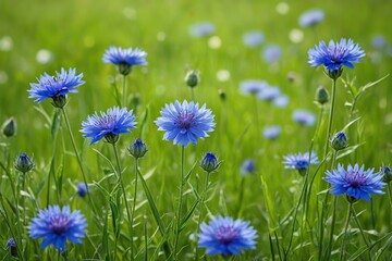 there are many blue flowers in a field of green grass