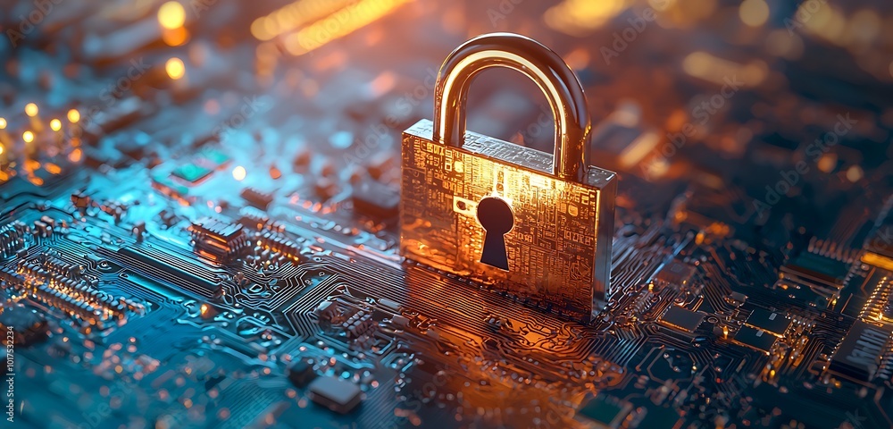 Poster electronic circuit board background with a golden padlock symbolizing cybersecurity.