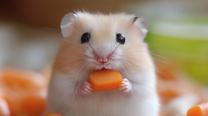 Albino hamster with arrow name eating carrot selective focus