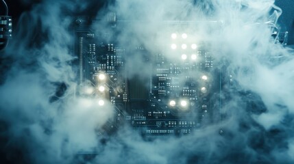 A close-up of a circuit board surrounded by mist, highlighting its intricate design.
